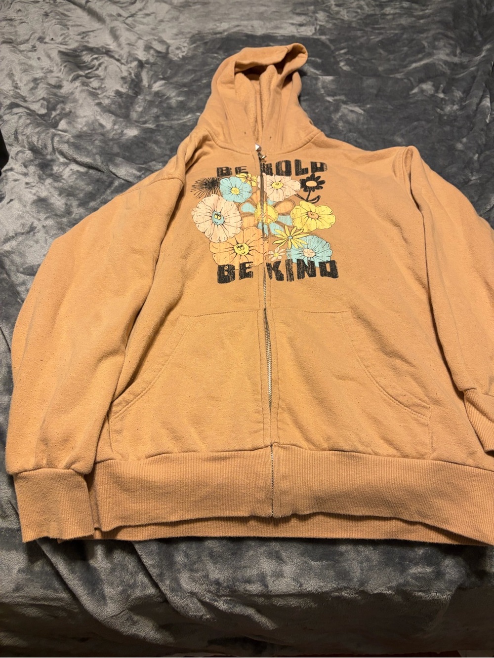 NOBO Tan Floral 'Be Kind' Zip Hoodie with Pastel Blooms